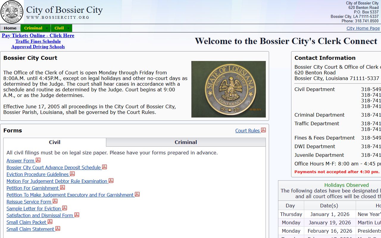 Bossier City Court website for local misdemeanor criminal records