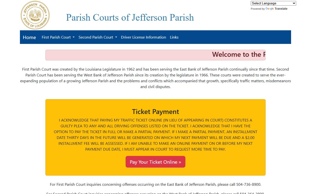 Jefferson Parish Courts website covering Metairie criminal court records