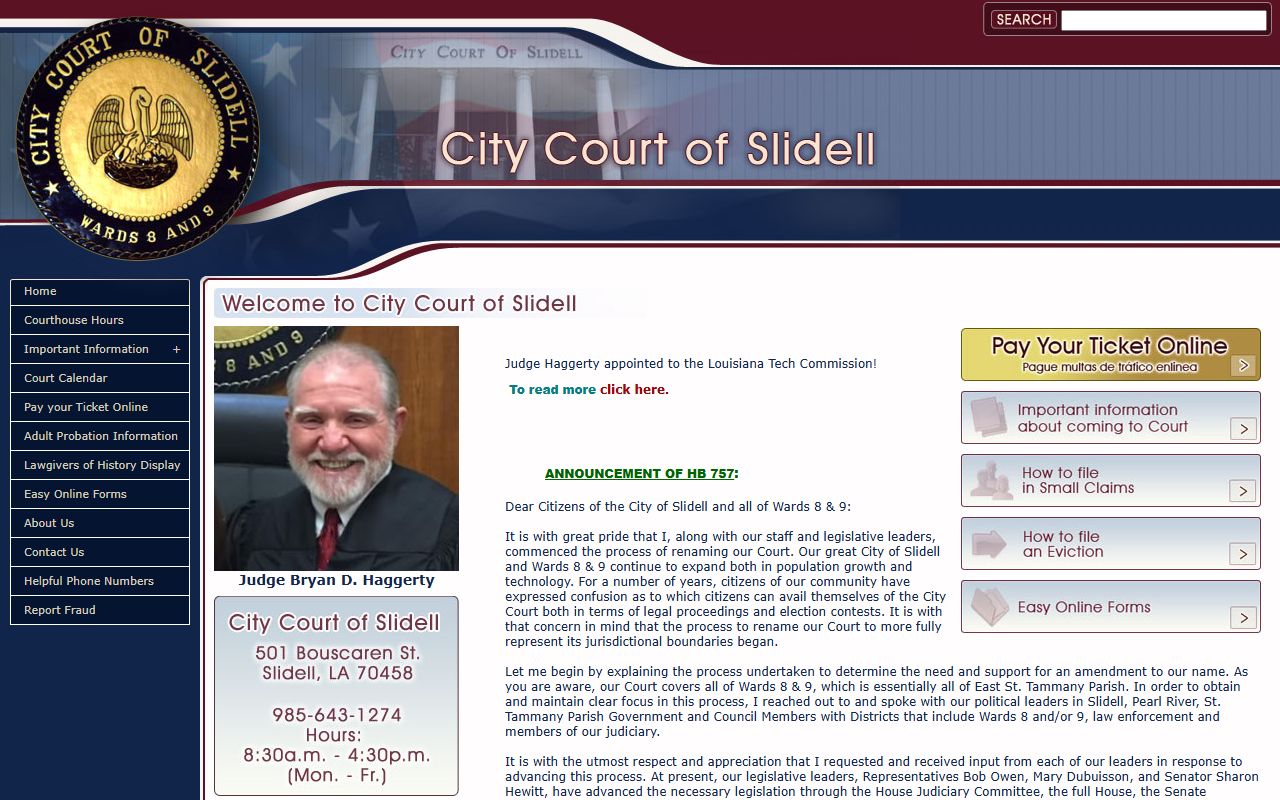 City Court of Slidell website for Slidell criminal court records