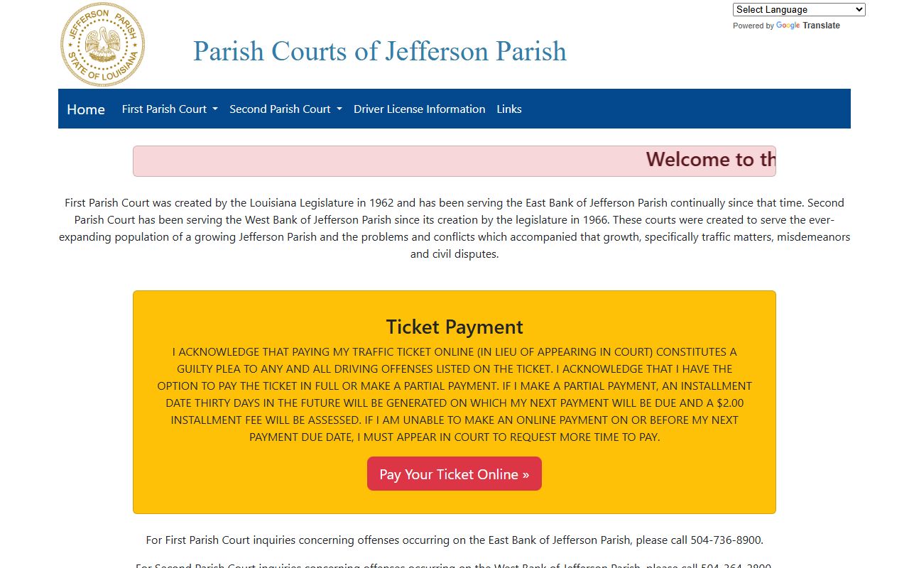 Jefferson Parish courts portal showing Terrytown criminal court information