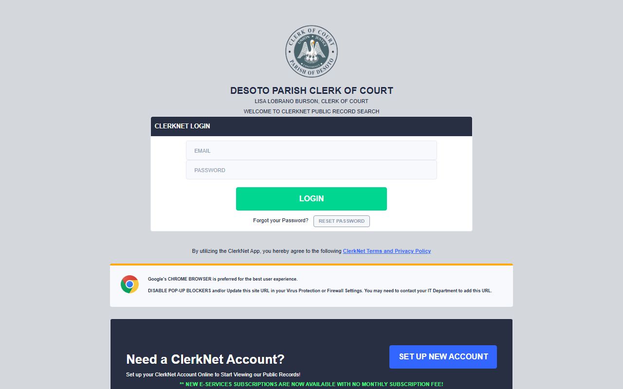 DeSoto Parish ClerkNet search portal for criminal court records