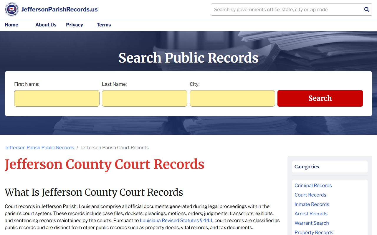 Jefferson Parish court records third-party overview page for criminal case searching