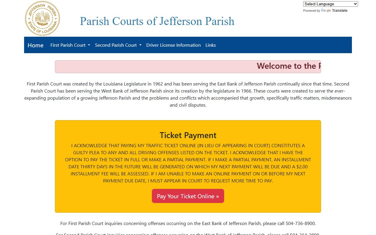 Jefferson Parish Courts website showing all courts and criminal court records resources