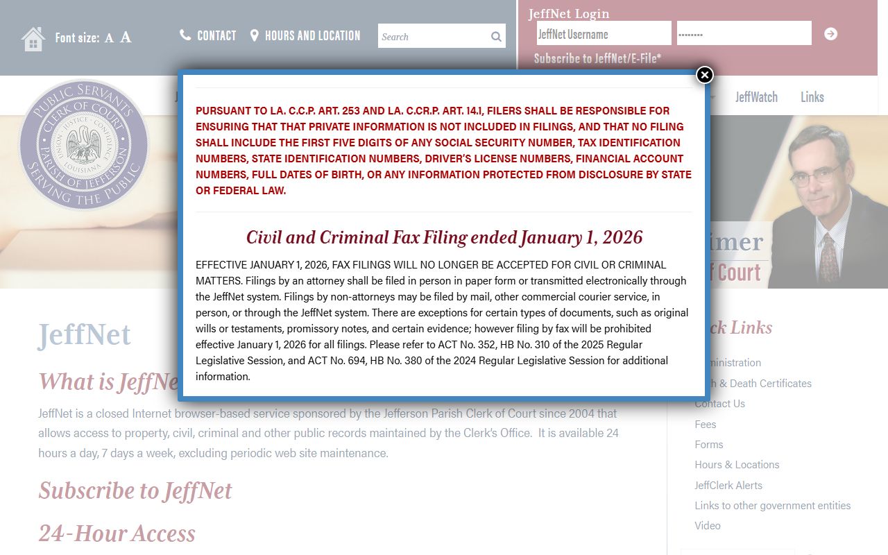 JeffNet login page for Jefferson Parish criminal court records