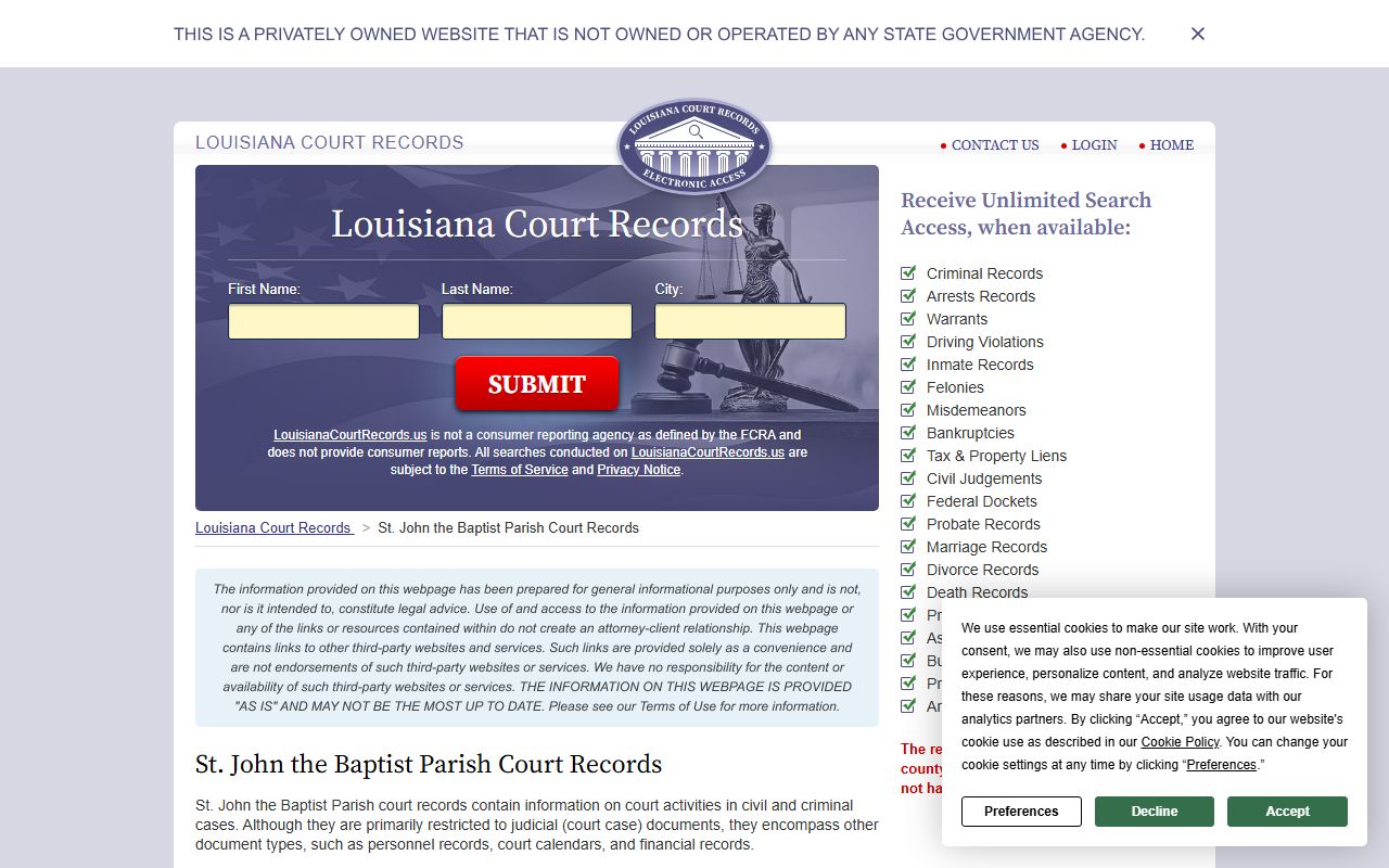 Louisiana court records search portal for St. John the Baptist Parish