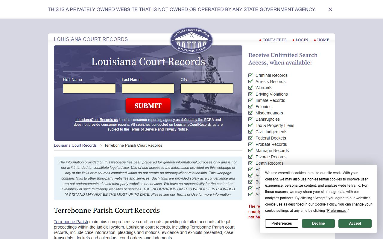 Louisiana court records portal for Terrebonne Parish criminal cases