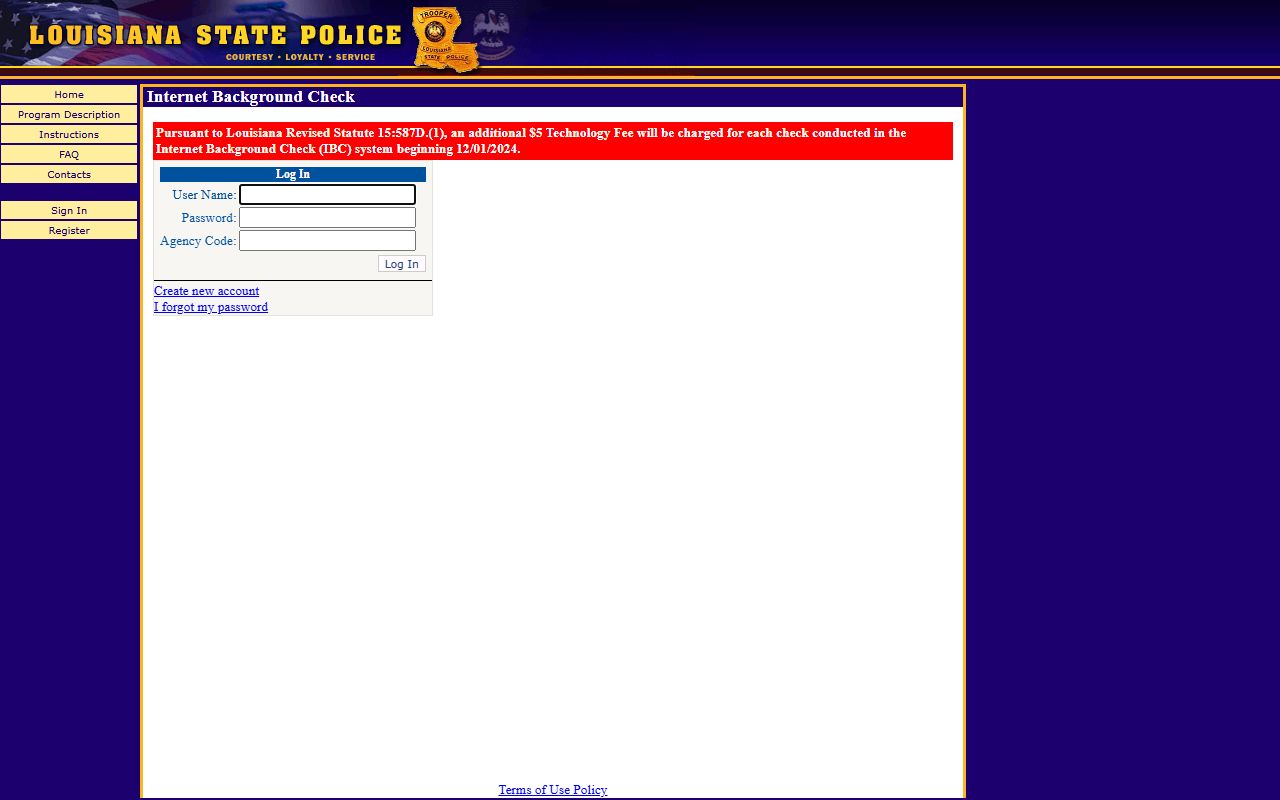 Louisiana State Police Internet Background Check portal for criminal history records