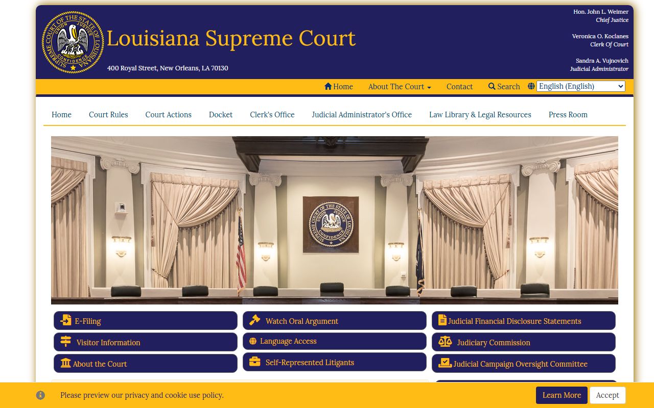 Louisiana Supreme Court homepage for criminal court records oversight statewide